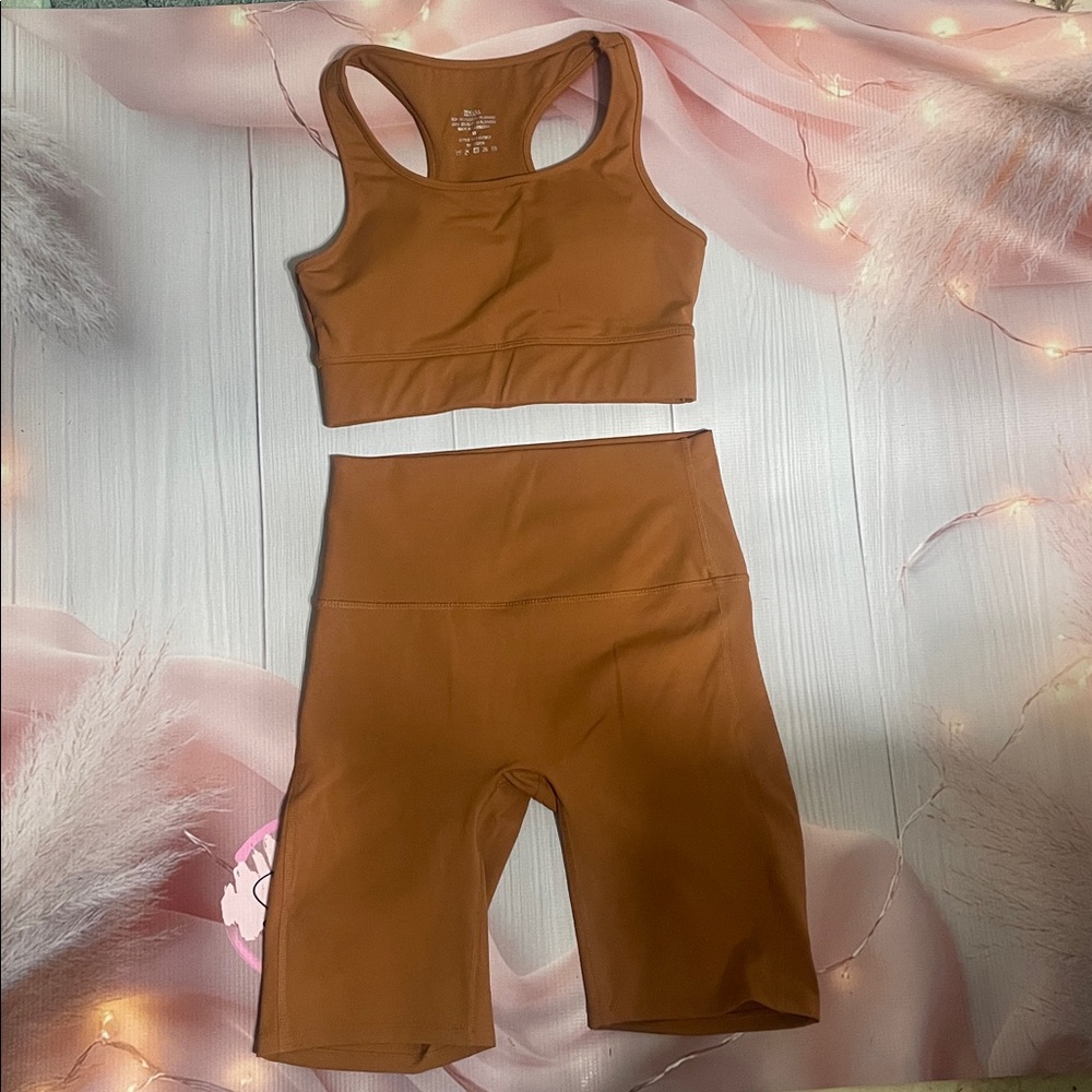 Zenana Outfitters Tan Sports Bra and shorts set
